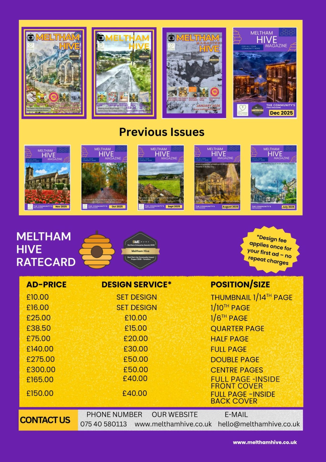 Meltham Hive, Meltham's Community Magazine for April - Rate Card