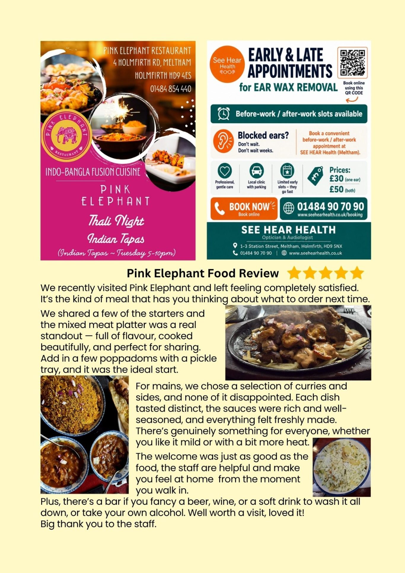 Meltham Hive June 2026. Restaurant Review - The Pink Elephant.