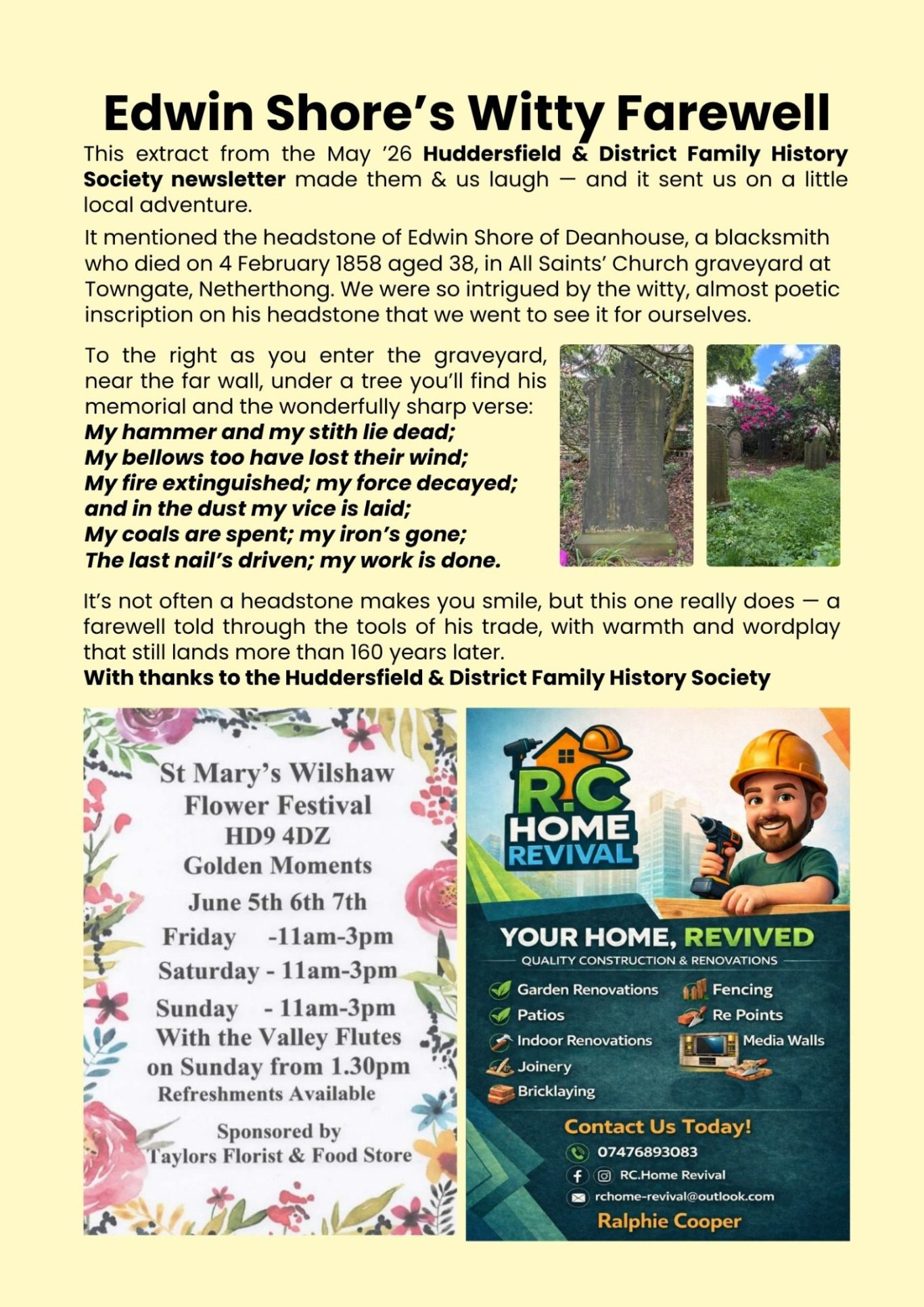 Meltham Hive June 2026. Netherthong, Edwin Shore's witty farewell.