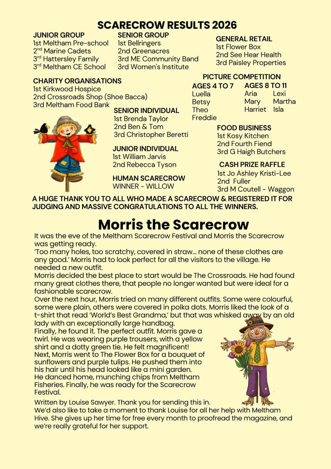 Meltham Hive June 2026. Scarecrow festival winners and a tale of Morris the scarecrow.