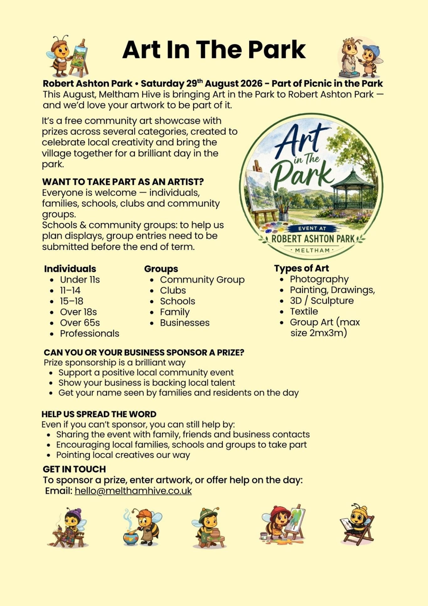 Meltham Hive June 2026. It's time to enter our Art in the Park competition.