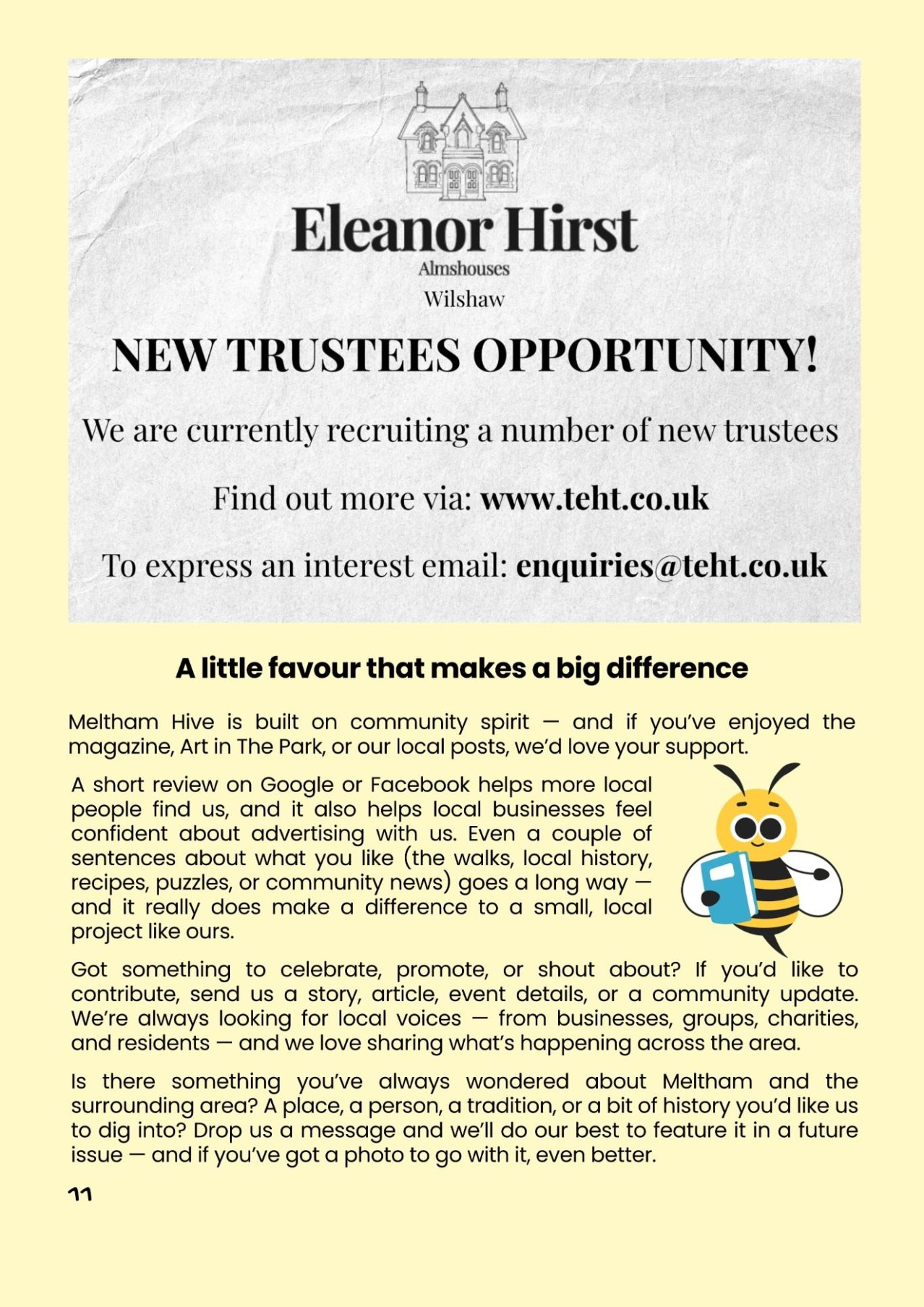 Eleanor Hirst Almshouses, trustee opportunity