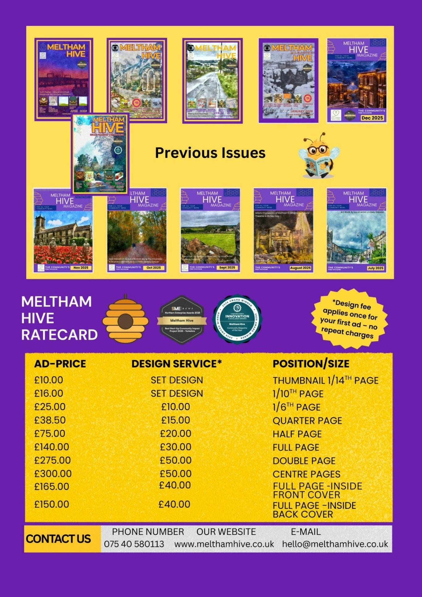 Meltham Hive June 2026. Rate Card
