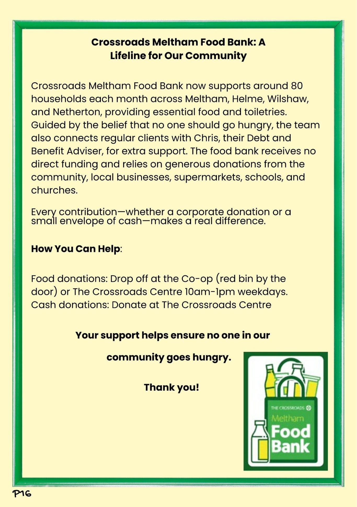 Meltham Food Bank, accepting donations now.