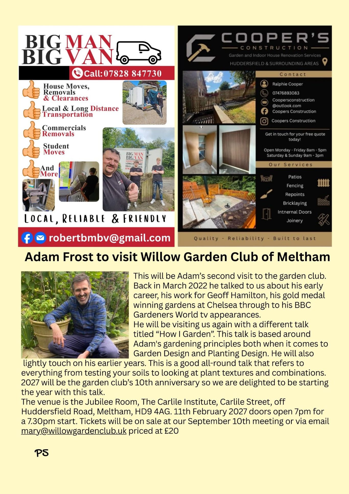 Gardener's World Adam Frost to visit Meltham.