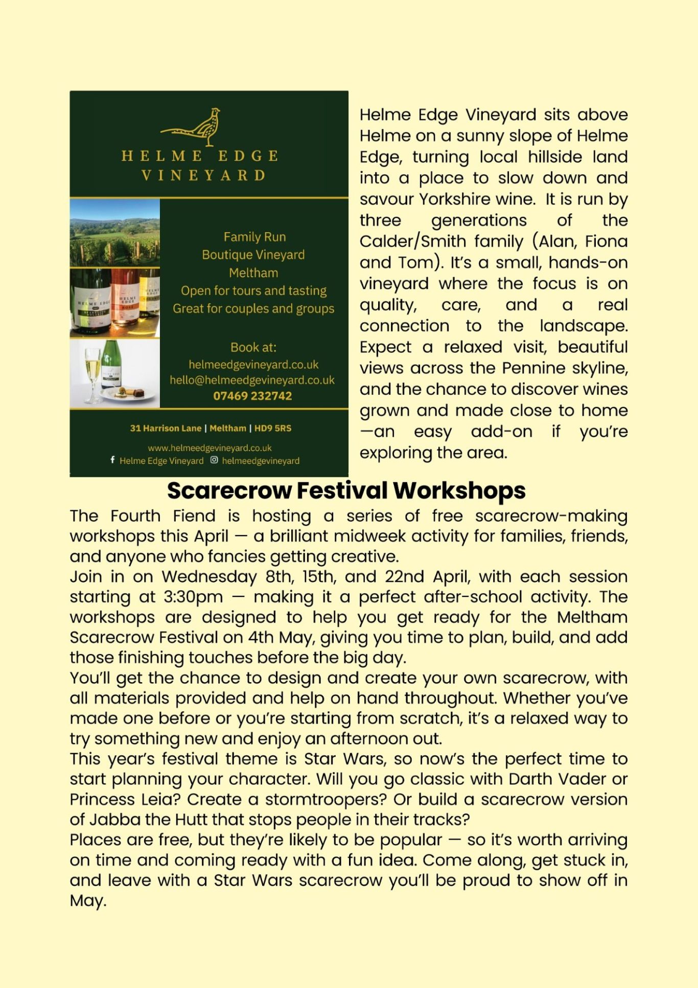 Meltham Hive, Meltham's Community Magazine for April - Helme Vineyeard and the Scarecrow Festival Workshops