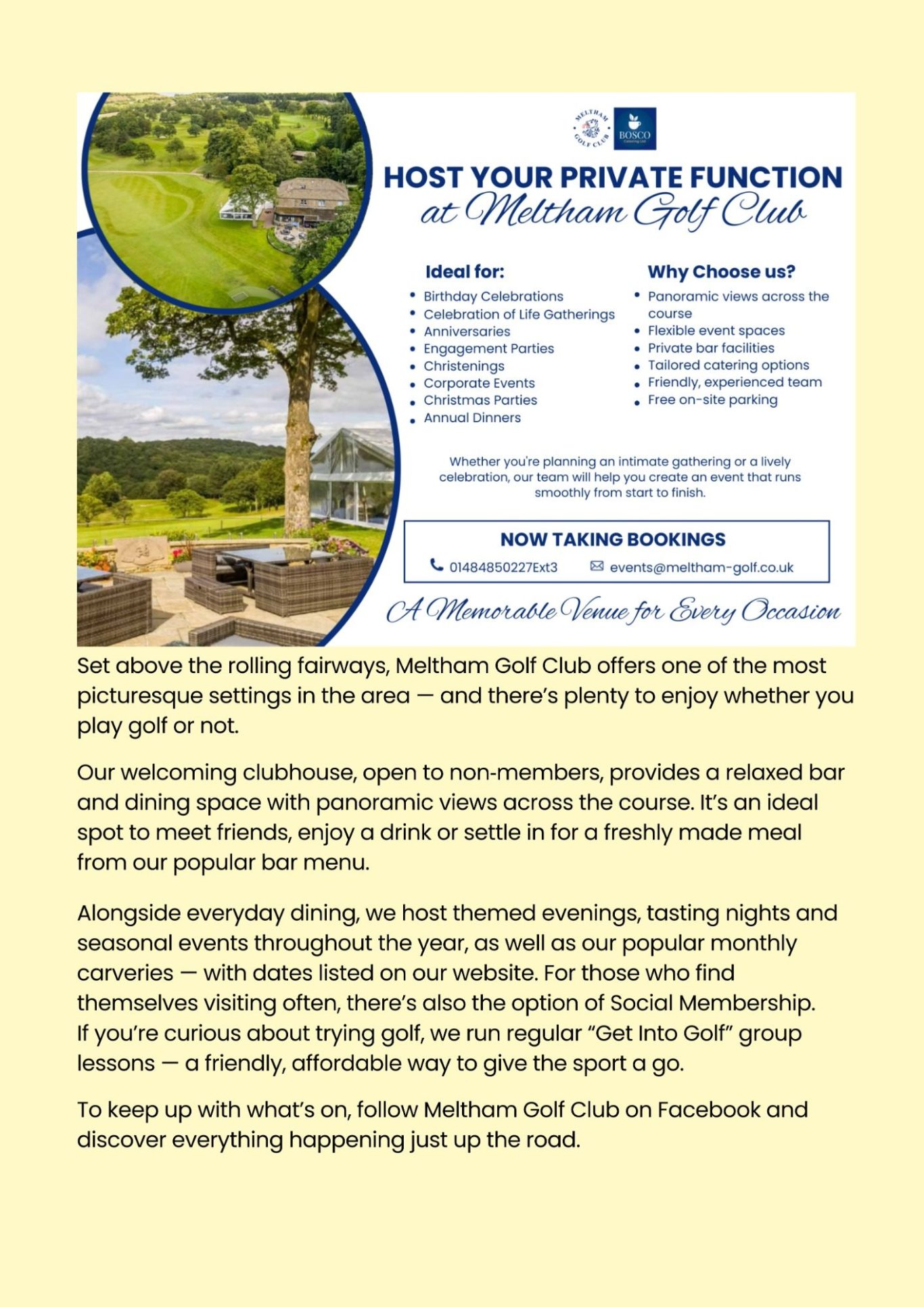 Meltham Hive, Meltham's Community Magazine for April - Meltham Golf Club Function Room