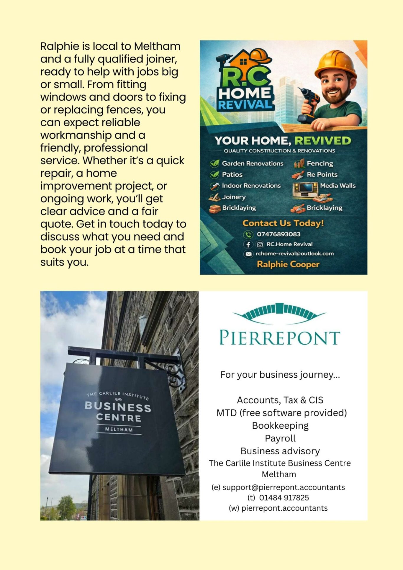 Meltham Hive, Meltham's Community Magazine for April - R.C Home Revival and Pierrepont, your local accountant